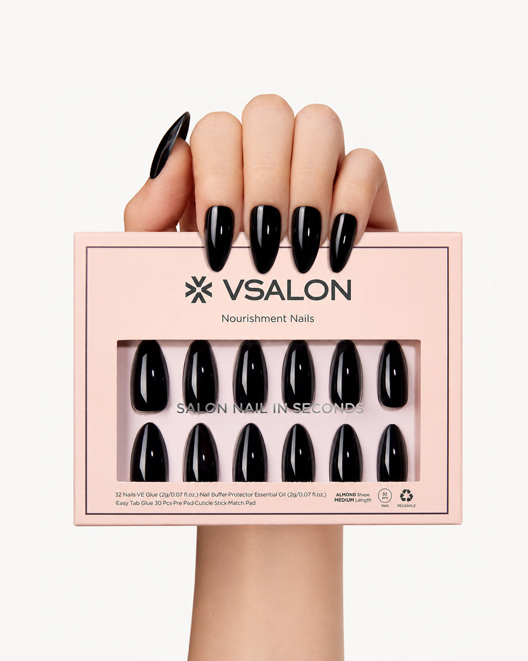 VSALON Noctis almond press-on nail set with classic black color and professional salon manicure style