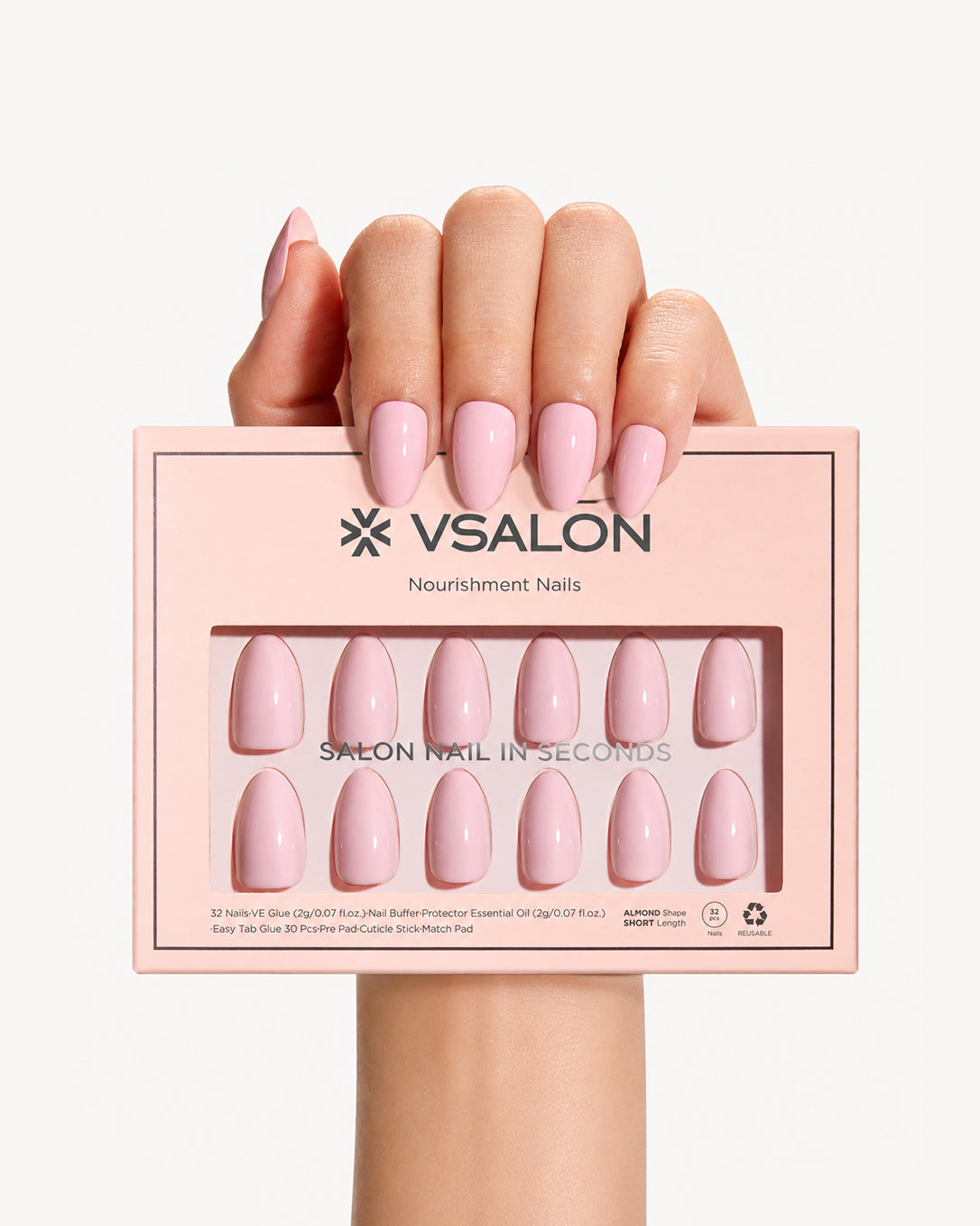 VSALON Strawberry Jam almond press-on nail set with soft pink color and professional salon manicure style