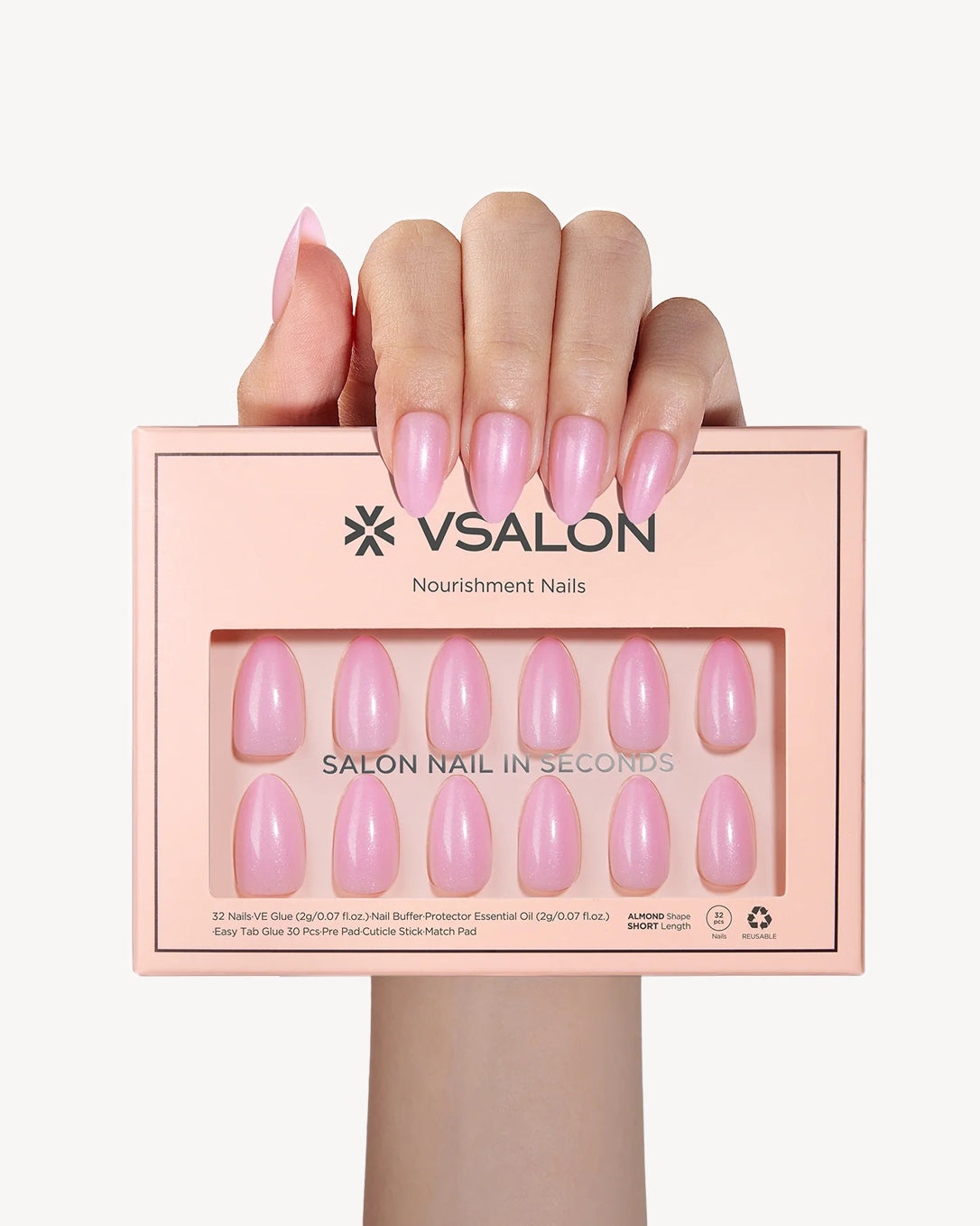 VSALON Rose Delight almond press-on nail set with soft pink color and professional salon manicure style