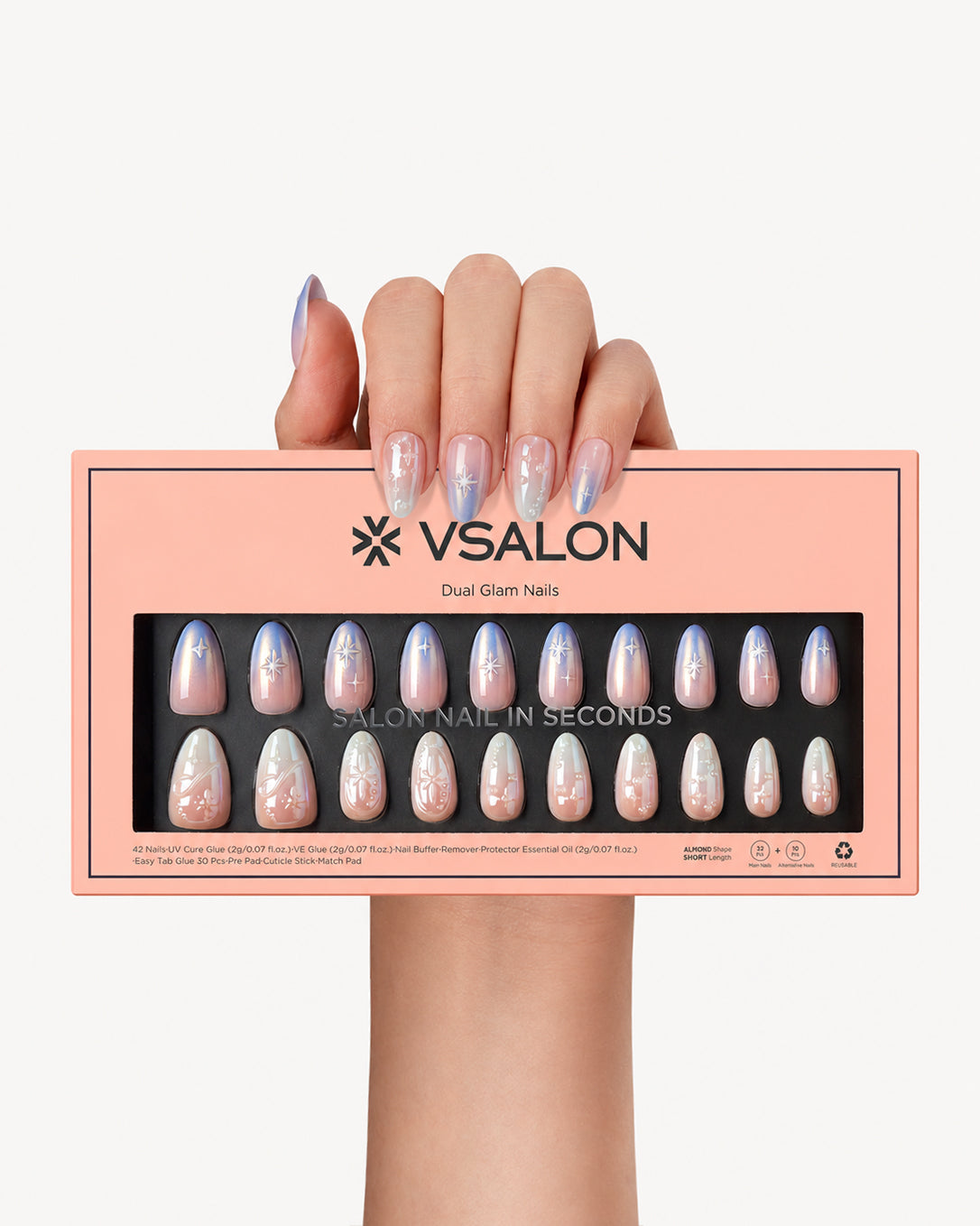 Weekend Warrior gradient star pearl press-on nail set displayed with VSALON packaging showing elegant almond nail designs