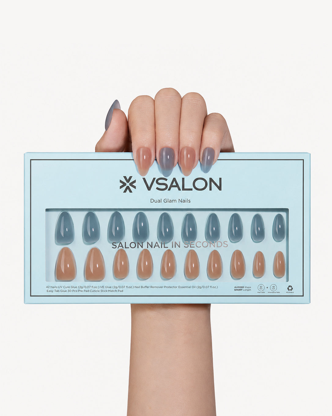 VSALON Charming Blossoms dual glam press-on nail set with two-tone colors and professional salon manicure style