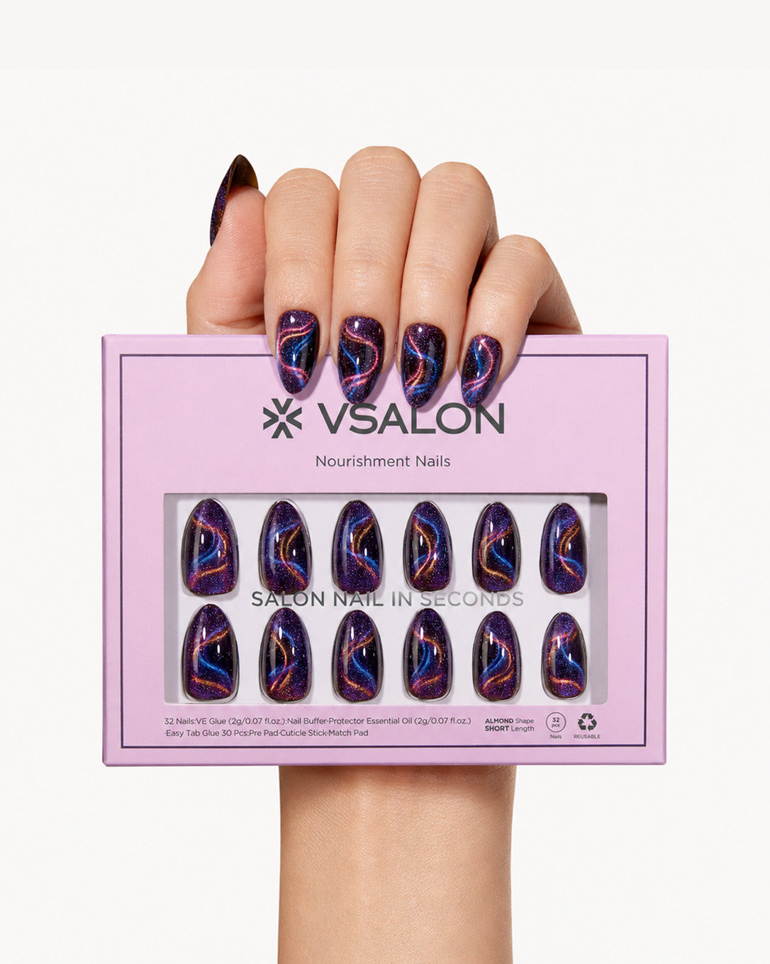 Hand holding VSALON Cosmos press-on nails with a brown base and mesmerizing aurora cat-eye shimmer.