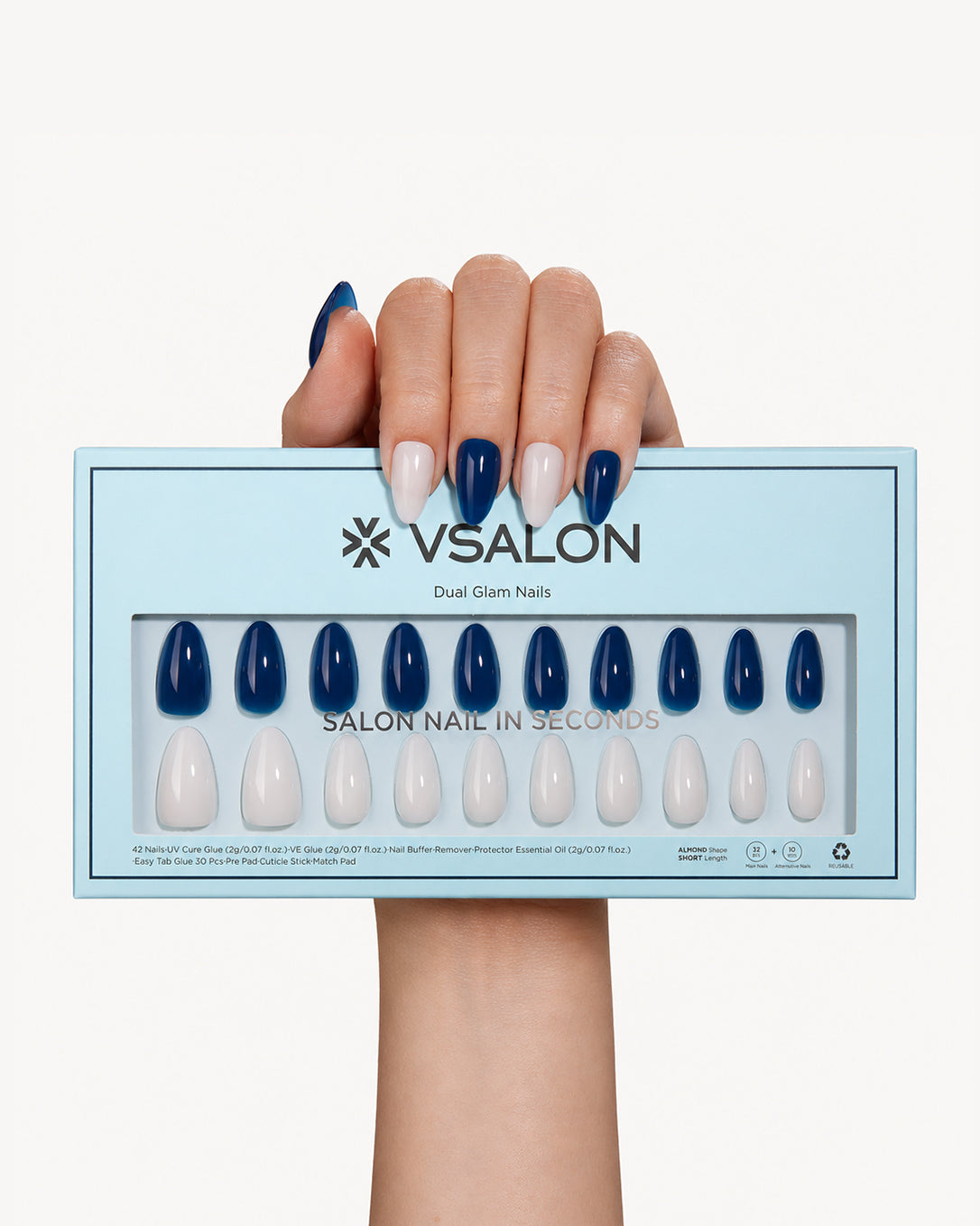 Sky Cloud dual color press-on nail set displayed with VSALON packaging showing navy blue and white almond manicure designs