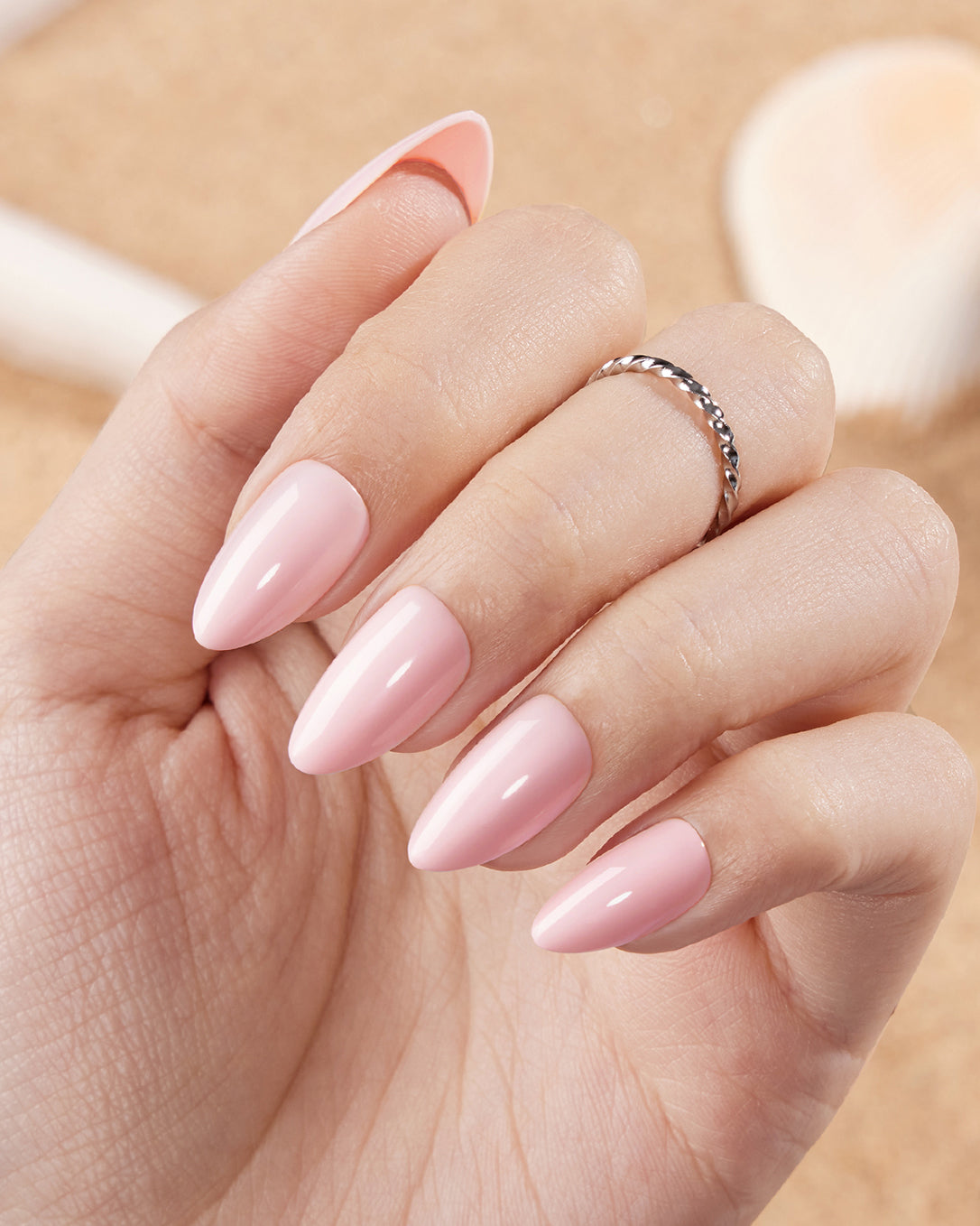 Strawberry Jam soft pink almond press-on nails creating a clean girl, elegant and everyday manicure look