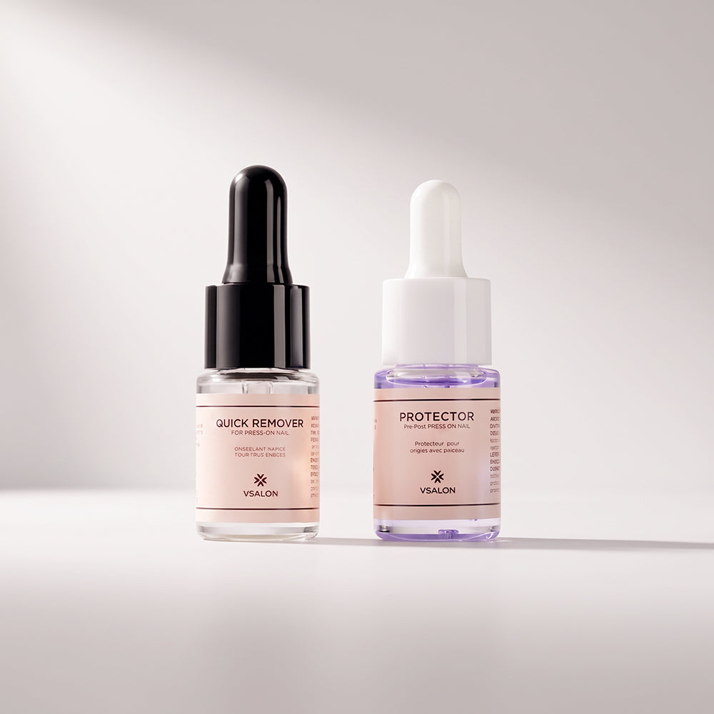 VSALON Quick Remover and lavender cuticle oil nail care duo for press-on nails