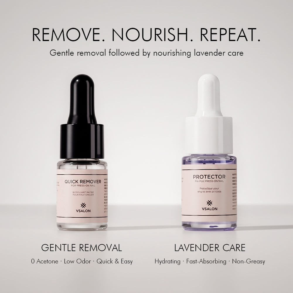 Press-on nail remover and lavender cuticle oil for gentle removal and nourishing aftercare