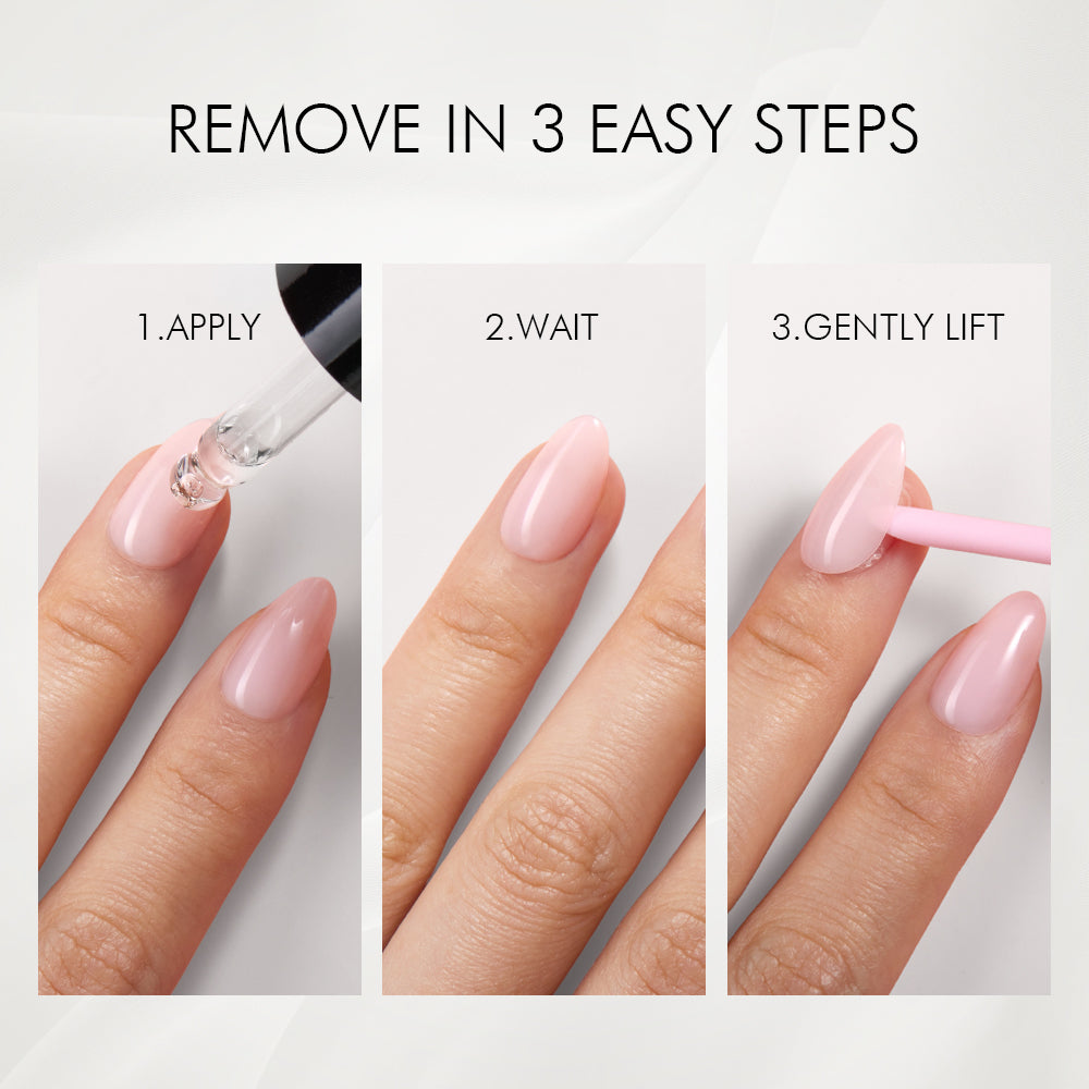Three-step press-on nail removal guide: apply VSALON Quick Remover, wait and gently lift