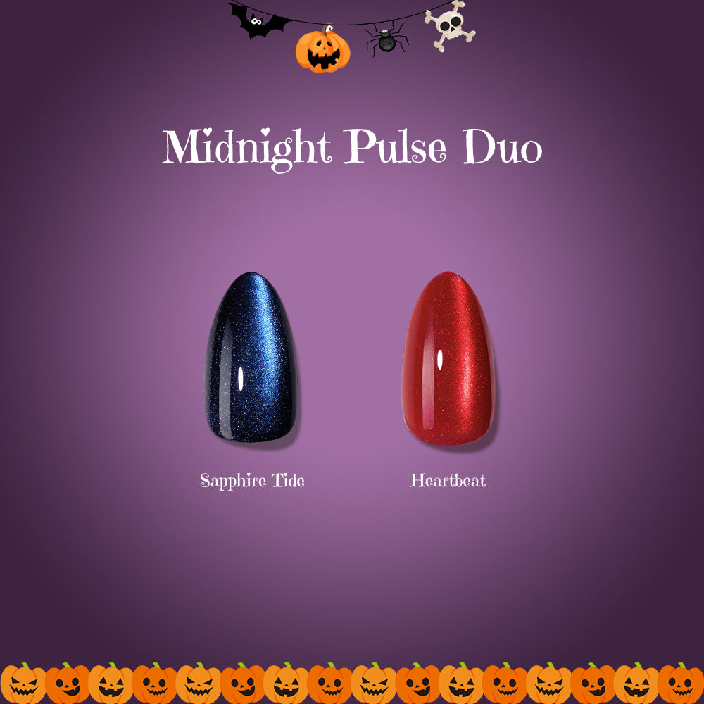 Midnight Pulse Duo with blue Sapphire Tide and red Heartbeat soft gel press-on nails on a Halloween backdrop