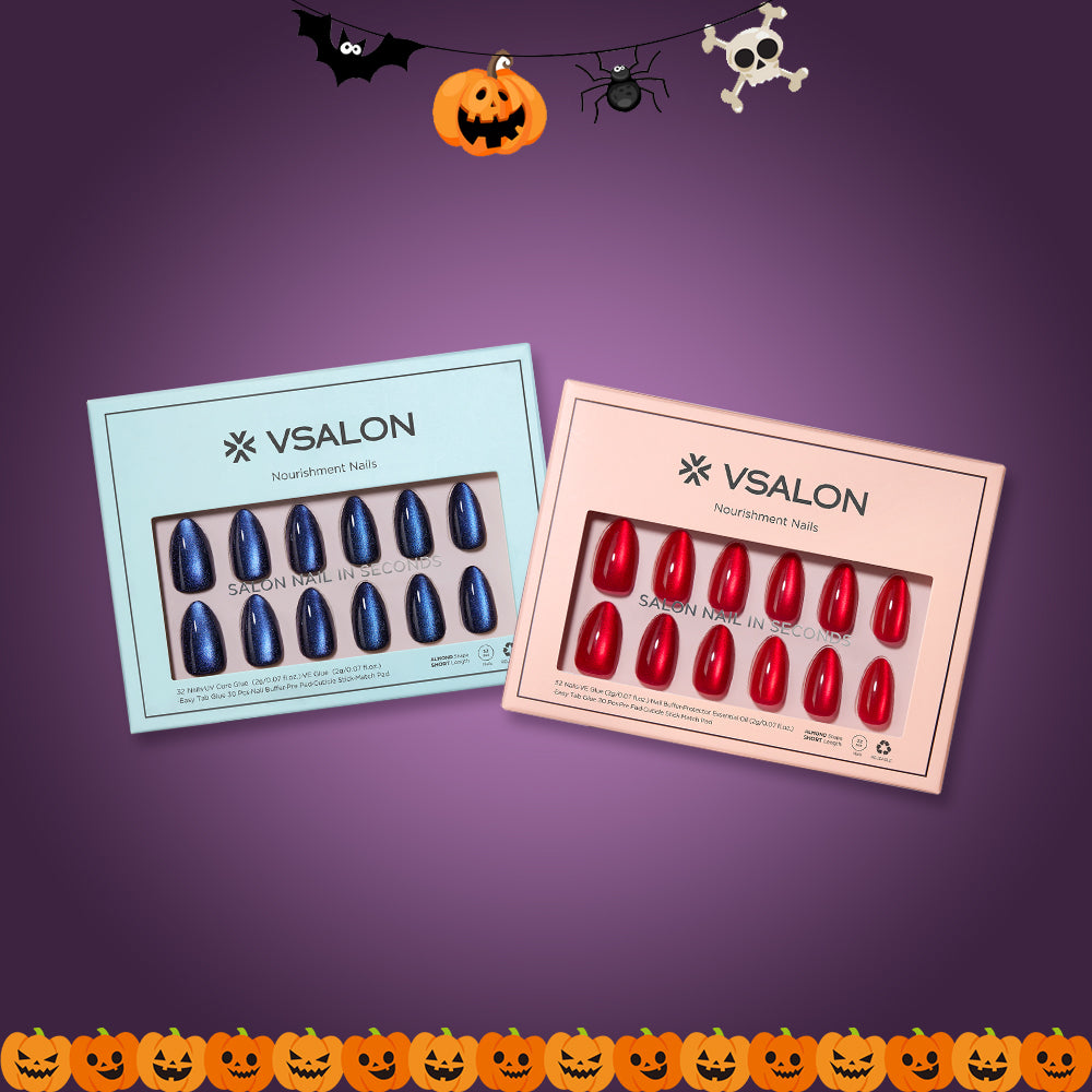 VSALON Sapphire Tide blue and Heartbeat red almond press-on nail sets on a purple Halloween backdrop