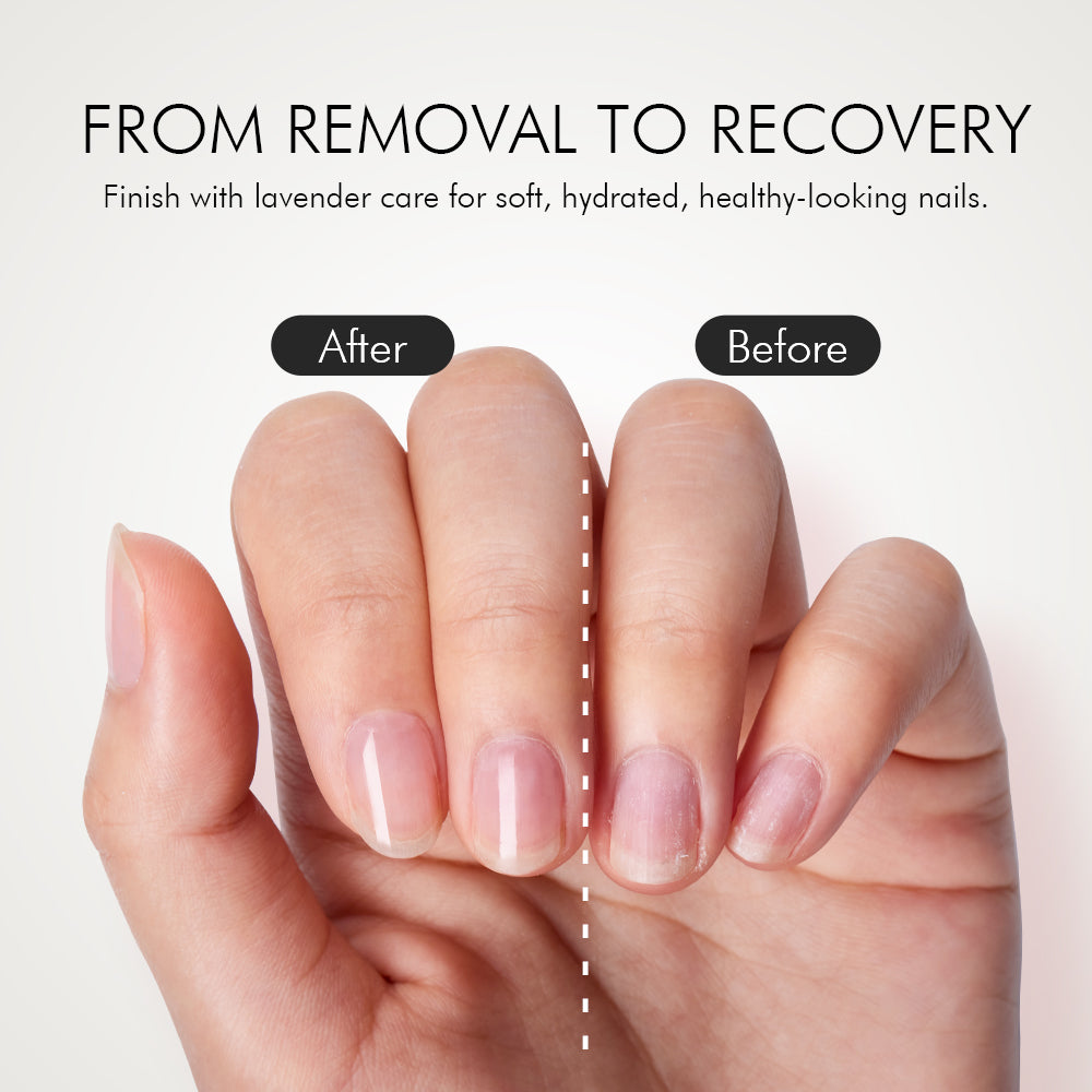 Before and after natural nails following press-on removal and hydrating lavender cuticle care