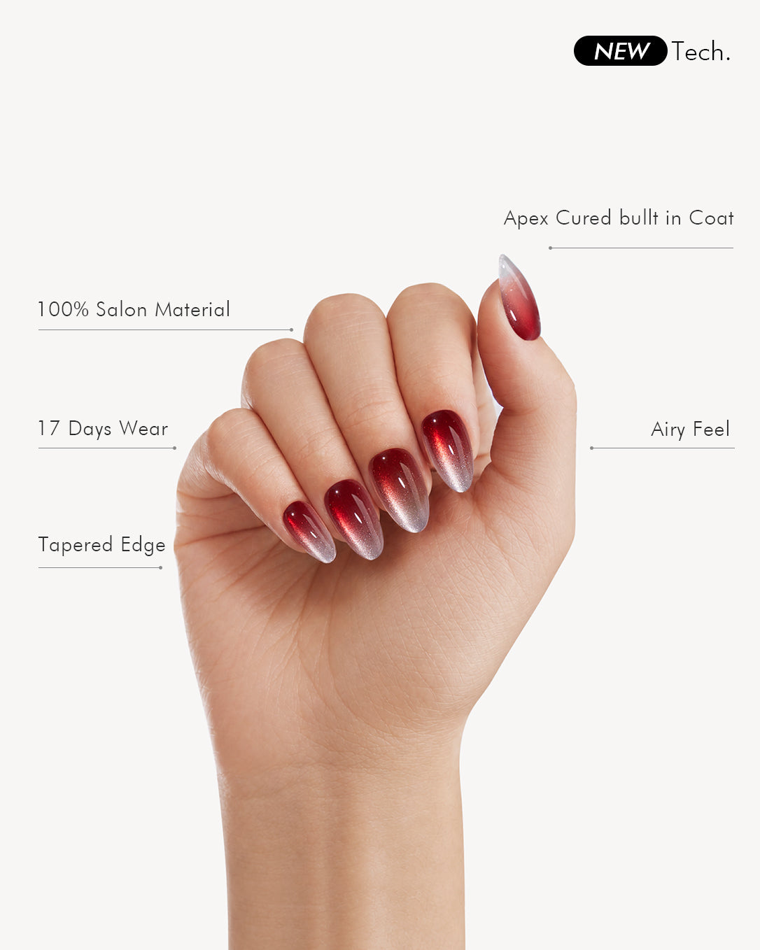 Scarlet Spell almond short cat eye gel press-on nails featuring tapered edges and professional salon finish