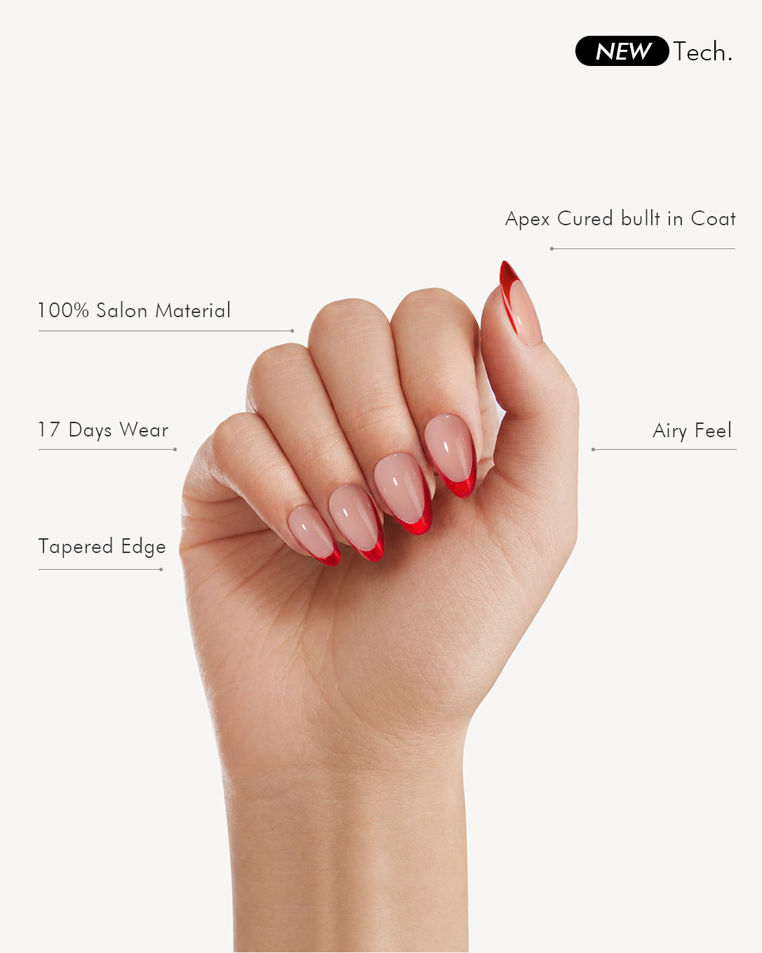Product feature graphic showing Cherry Heat short almond soft gel press-on nails with nude bases and glossy red French tips