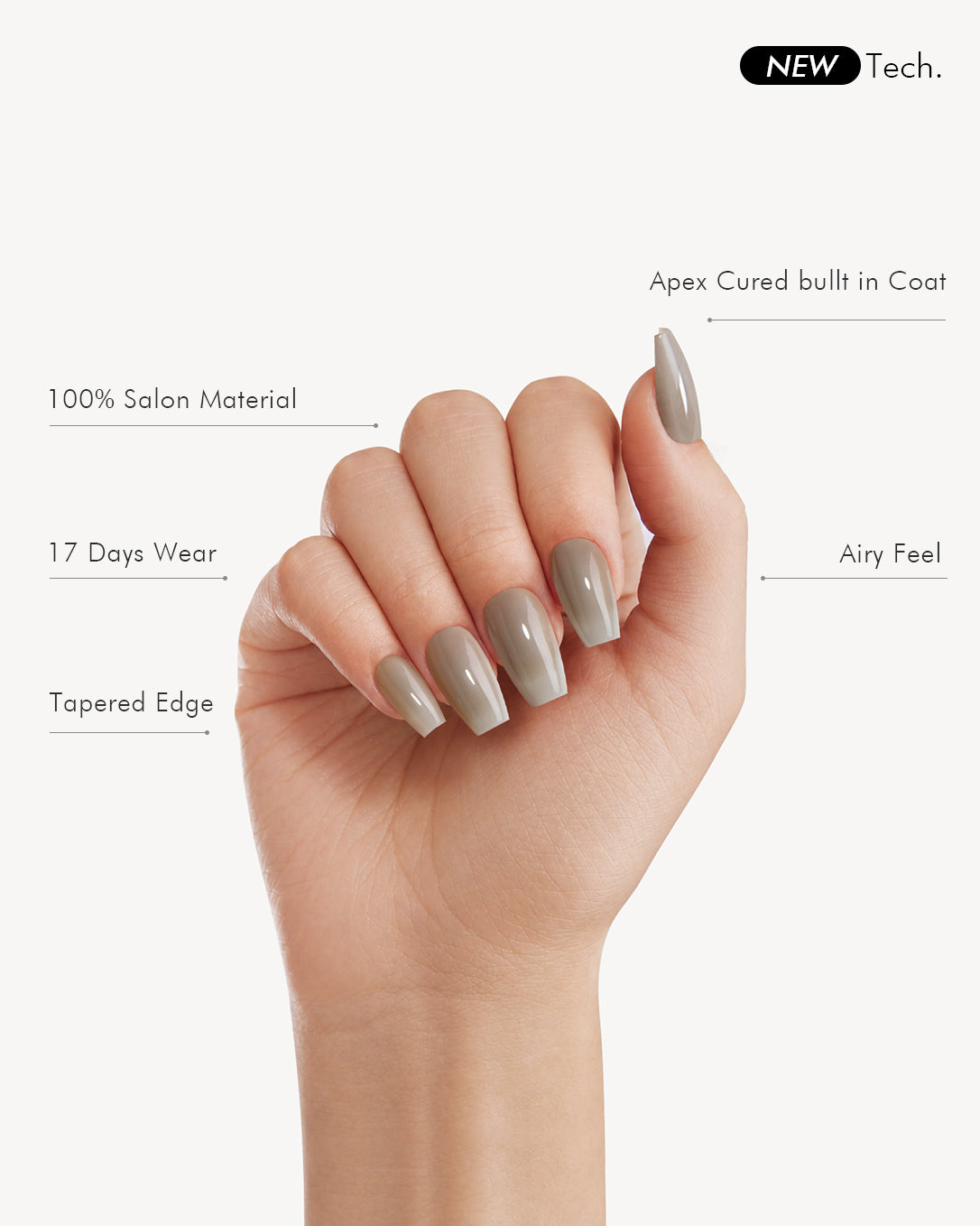 Product feature graphic showing Fluffy Cloud short coffin soft gel press-on nails in glossy taupe gray on a full hand