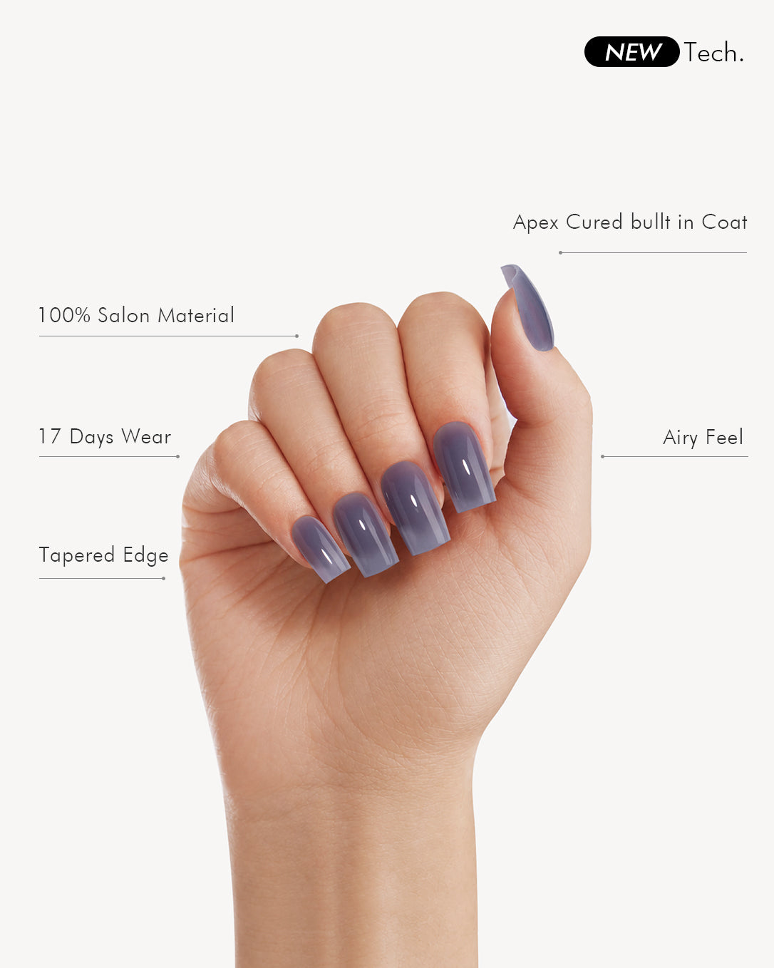 Product feature graphic showing Phantom short square soft gel press-on nails in glossy smoky slate blue on a full hand