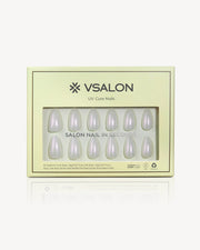 VSALON Aurora's Angel white pearl shimmer almond short press-on nails with UV gel finish