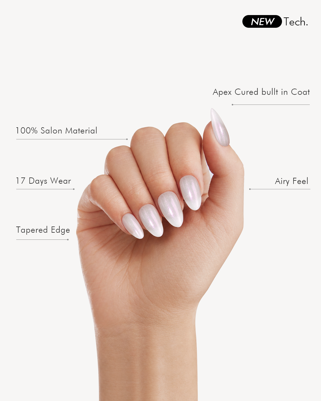 Product feature graphic showing Aurora's Angel short almond soft gel press-on nails with a pearly white shimmer finish
