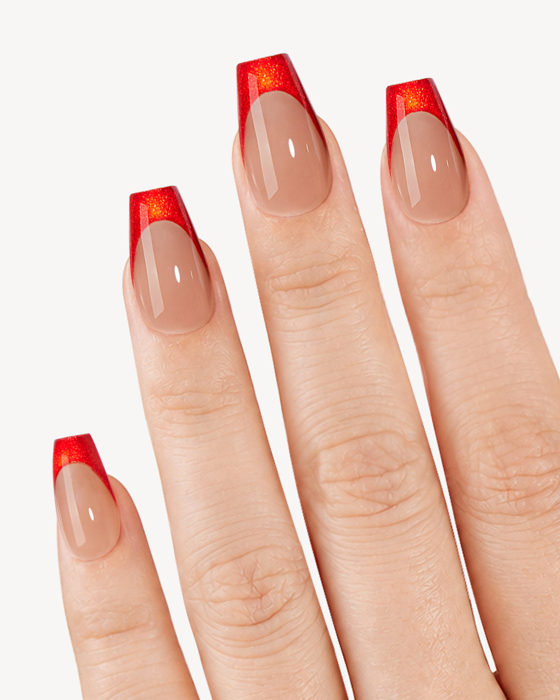 VSALON Classic Red Lip short coffin soft gel press-on nails on hand with nude bases and sparkling red French tips