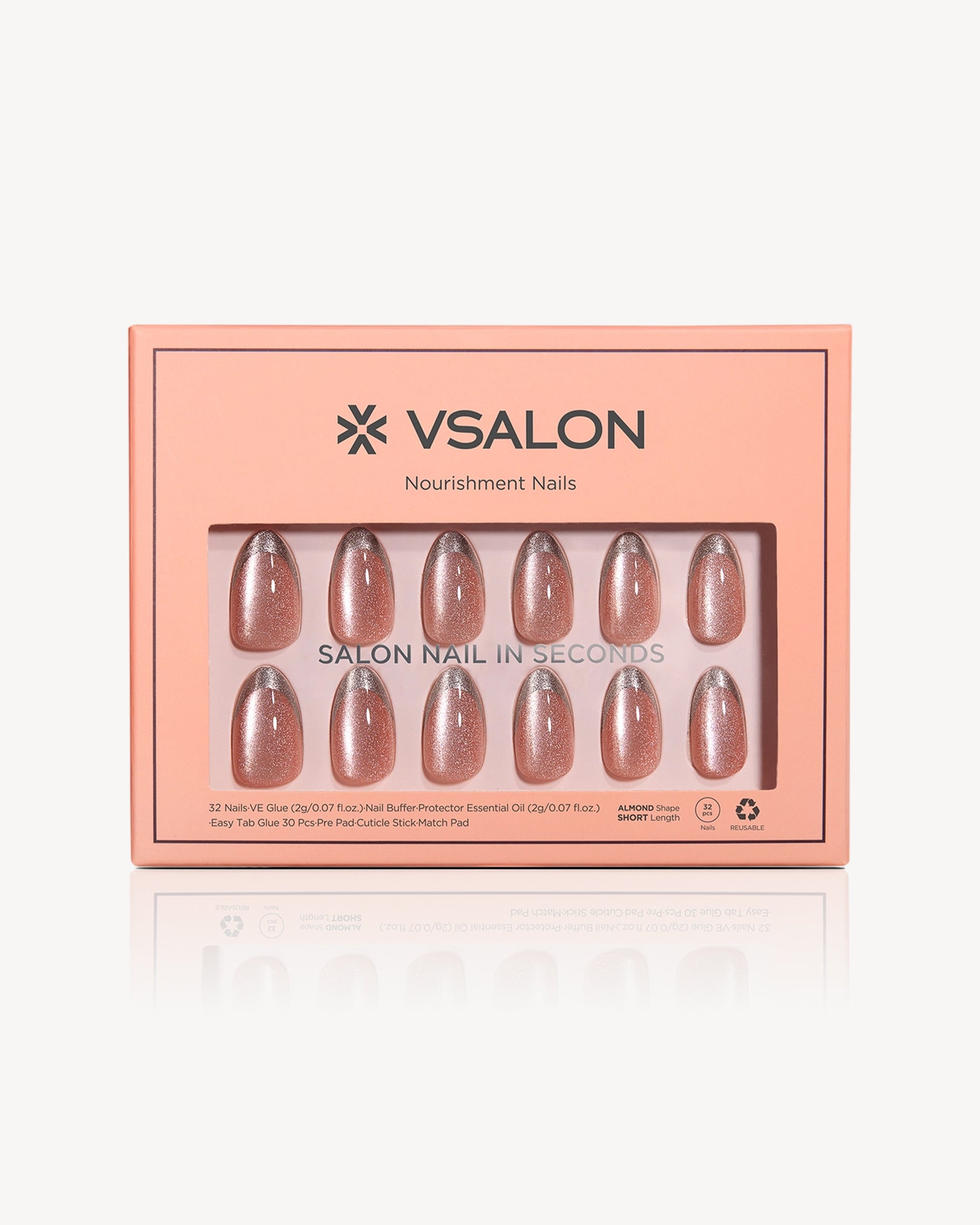 VSALON First Dance pink shimmer French tip almond short press-on nails set with salon gel finish