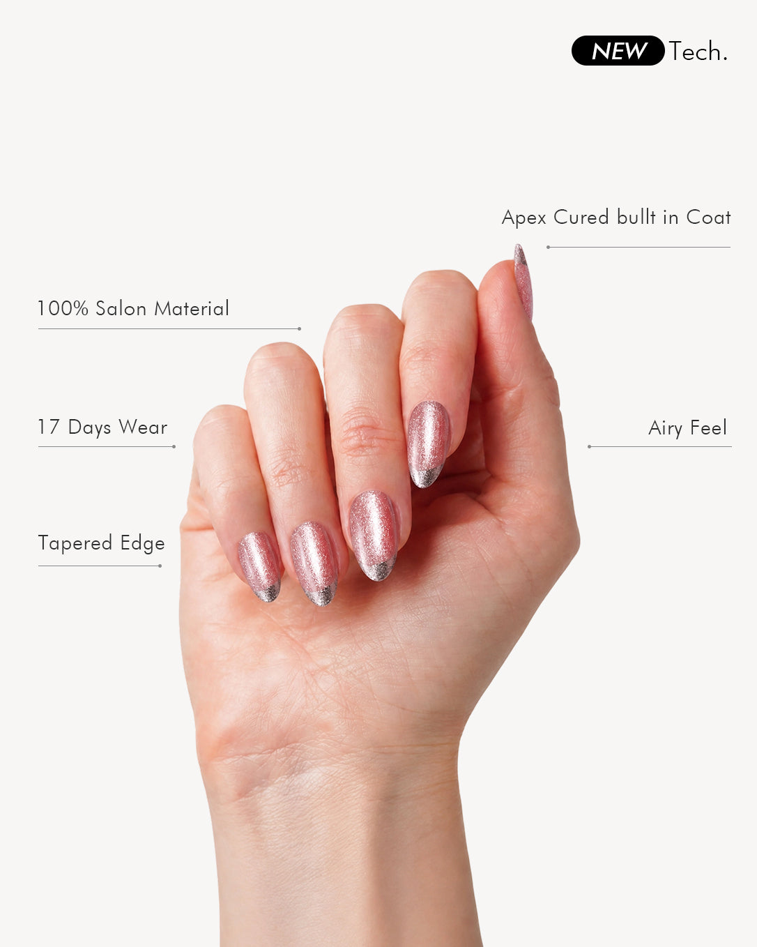 Almond short gel press-on nails featuring tapered edges, lightweight feel, and professional salon finish