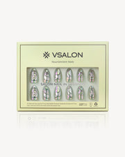 VSALON Unicorn short almond press-on nails with holographic chrome finish and iridescent 3D nail art design