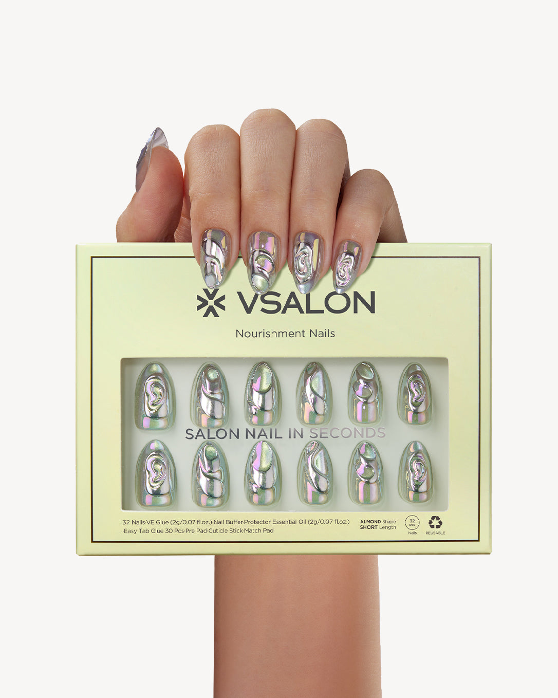 VSALON Unicorn almond press-on nail set with futuristic chrome finish and professional salon manicure style