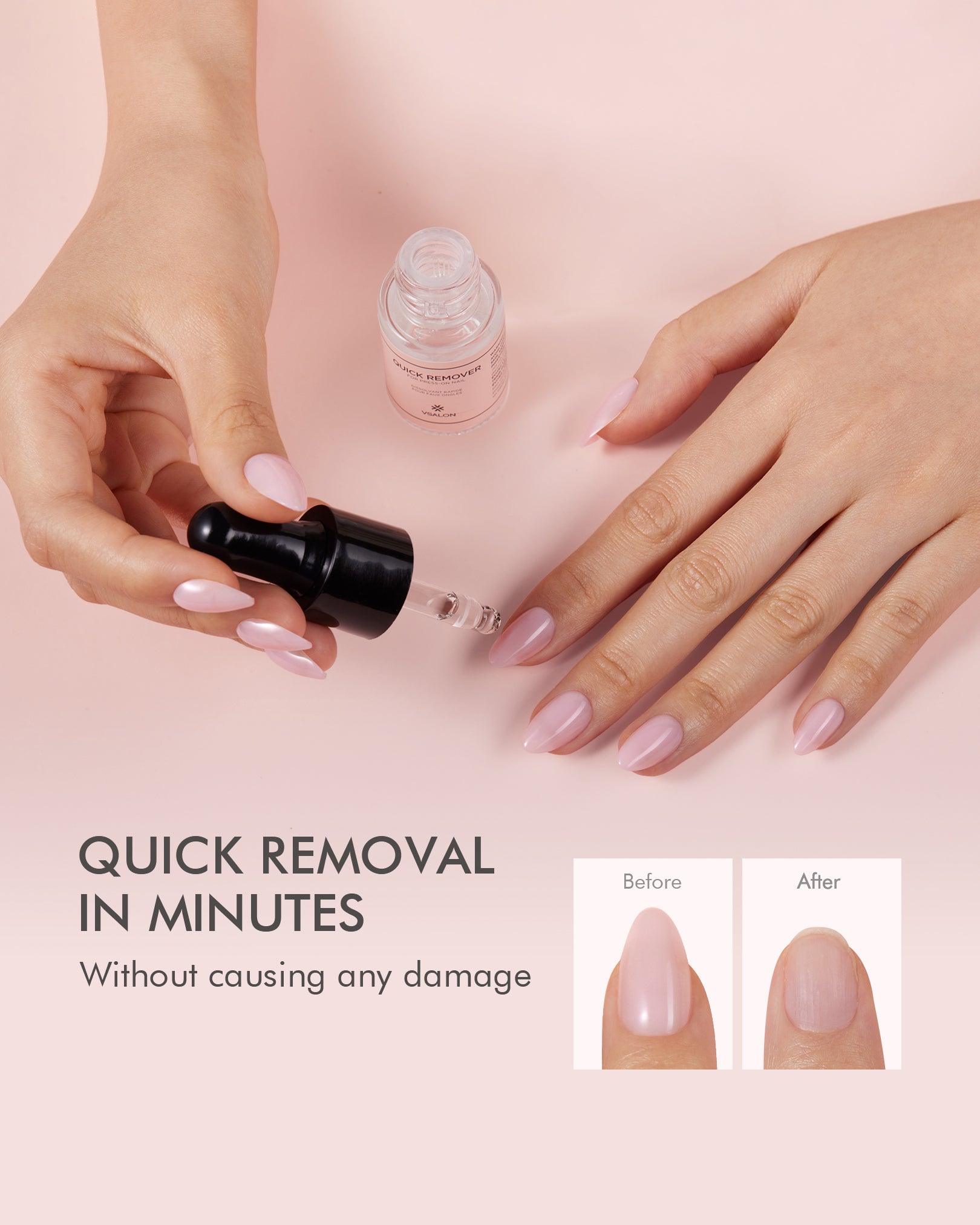 Model applying VSALON nail remover to gently dissolve press on nail glue