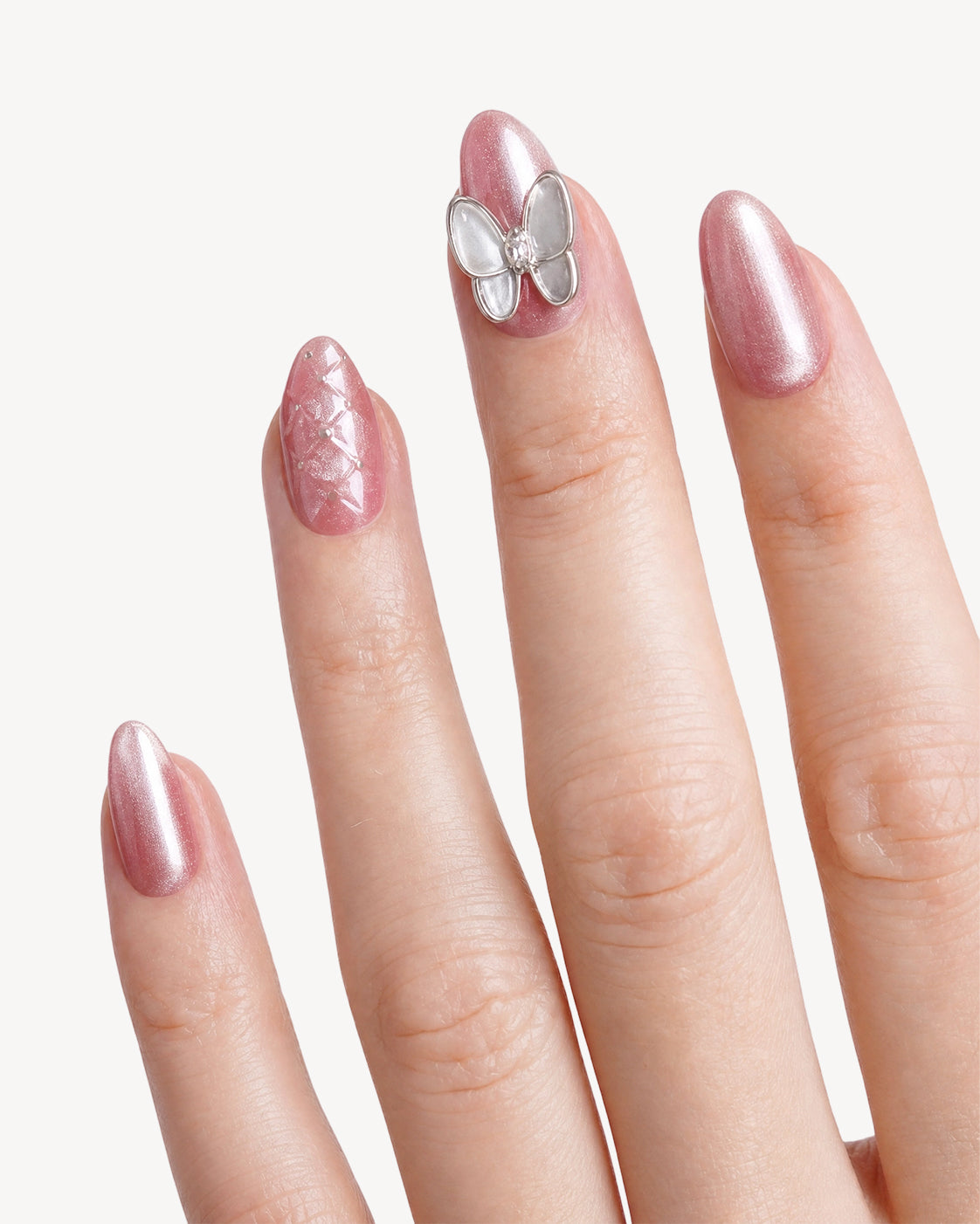 Blossom Flutter pink butterfly almond press-on nails with dimensional details and glossy shimmer finish