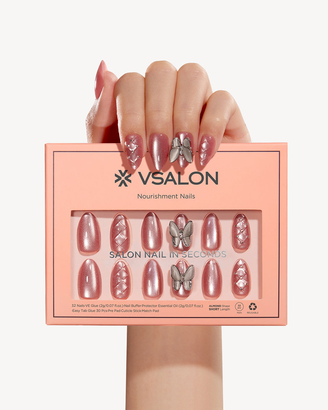 VSALON Blossom Flutter almond press-on nail set with butterfly design, shimmer finish and salon manicure style