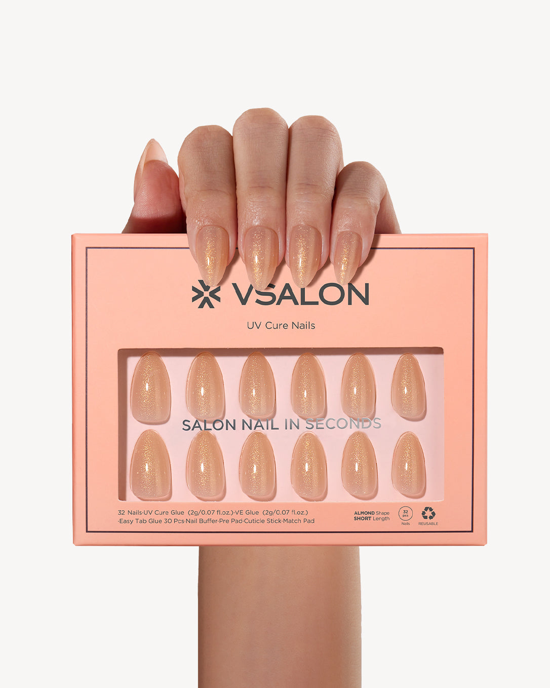 VSALON Dancing Firefly almond press-on nail set with golden shimmer finish and professional salon manicure style