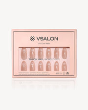 VSALON Mummy UV cure press-on nails in medium almond shape with nude pink shimmer gel finish