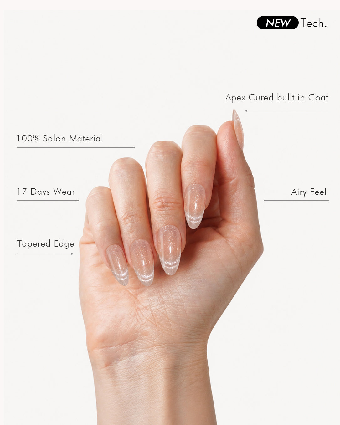 Mummy almond gel press-on nails featuring salon soft gel material, tapered edges and seamless fit