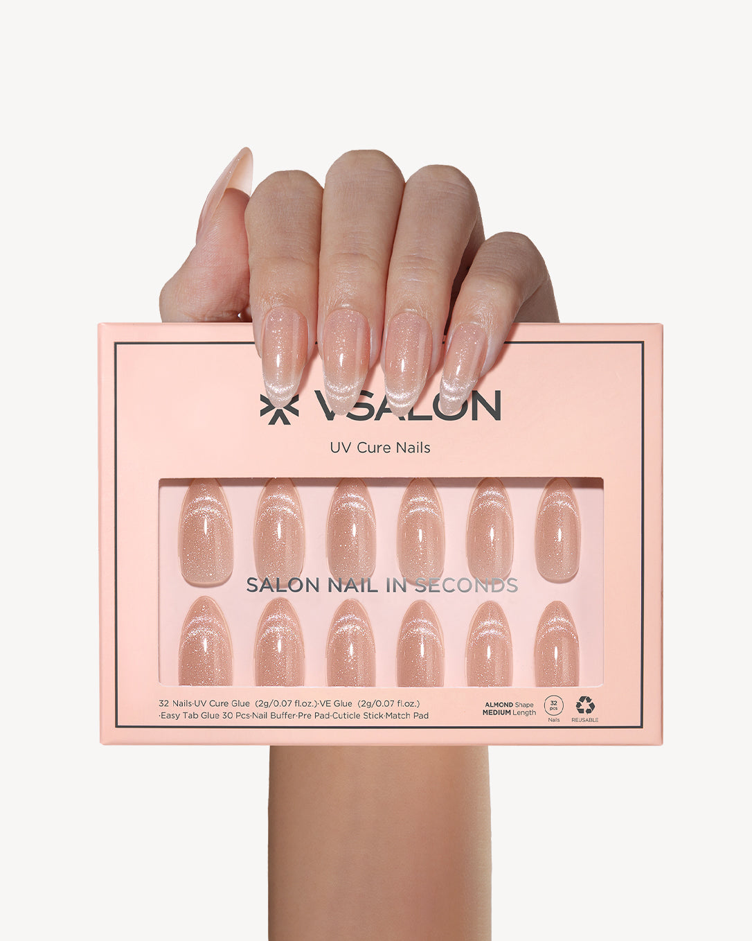 VSALON Mummy almond press-on nail set with elegant nude pink finish and professional salon manicure style