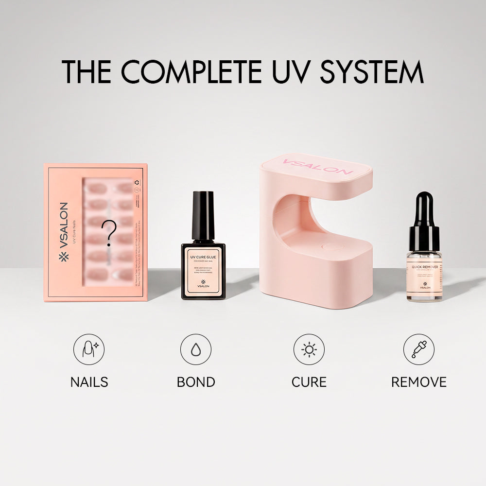 Complete VSALON UV press-on nail system with surprise nails, UV cure glue, nail lamp and remover
