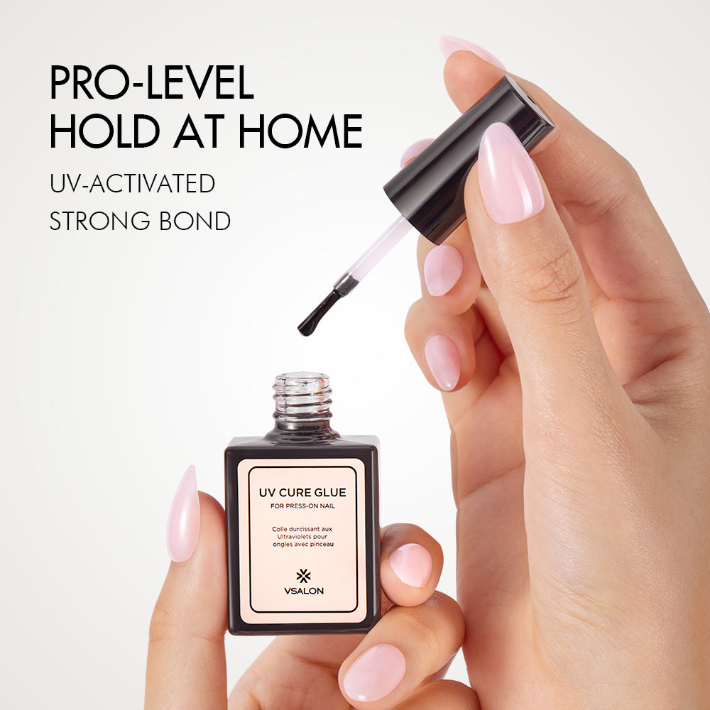 Applying VSALON UV cure gel glue for a strong press-on nail bond at home