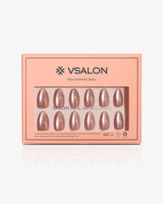 VSALON Champagne Glaze nude champagne press on nails set with glossy glazed finish, short almond gel nails