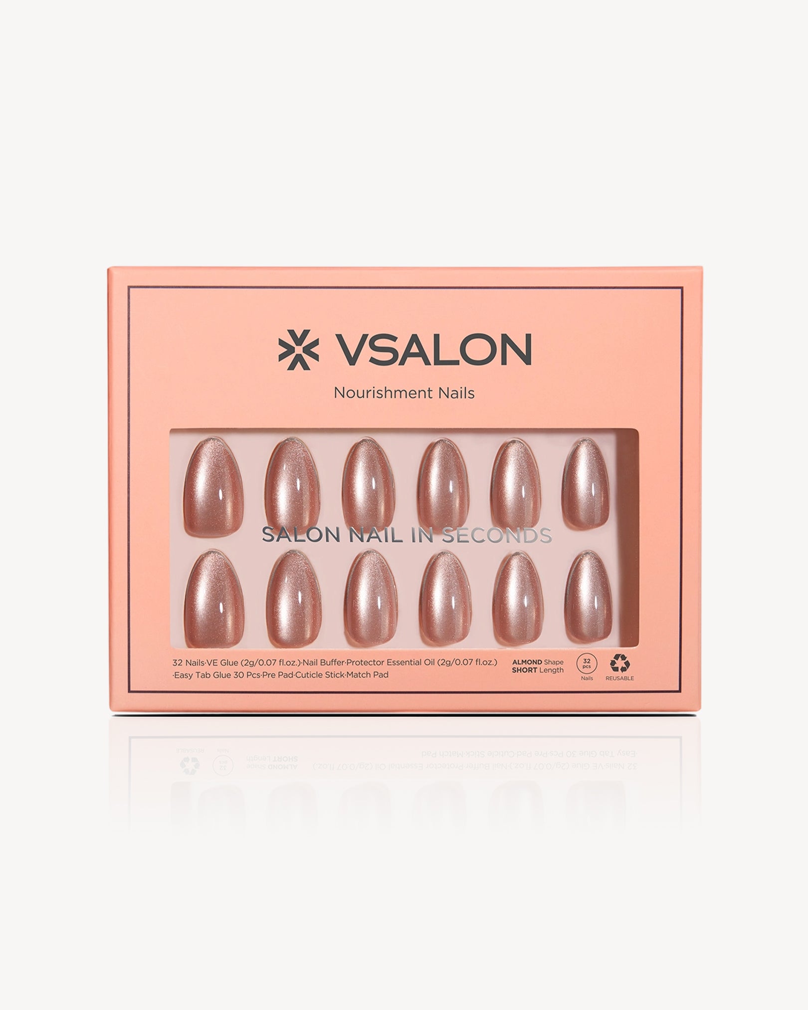 VSALON Champagne Glaze nude champagne press on nails set with glossy glazed finish, short almond gel nails