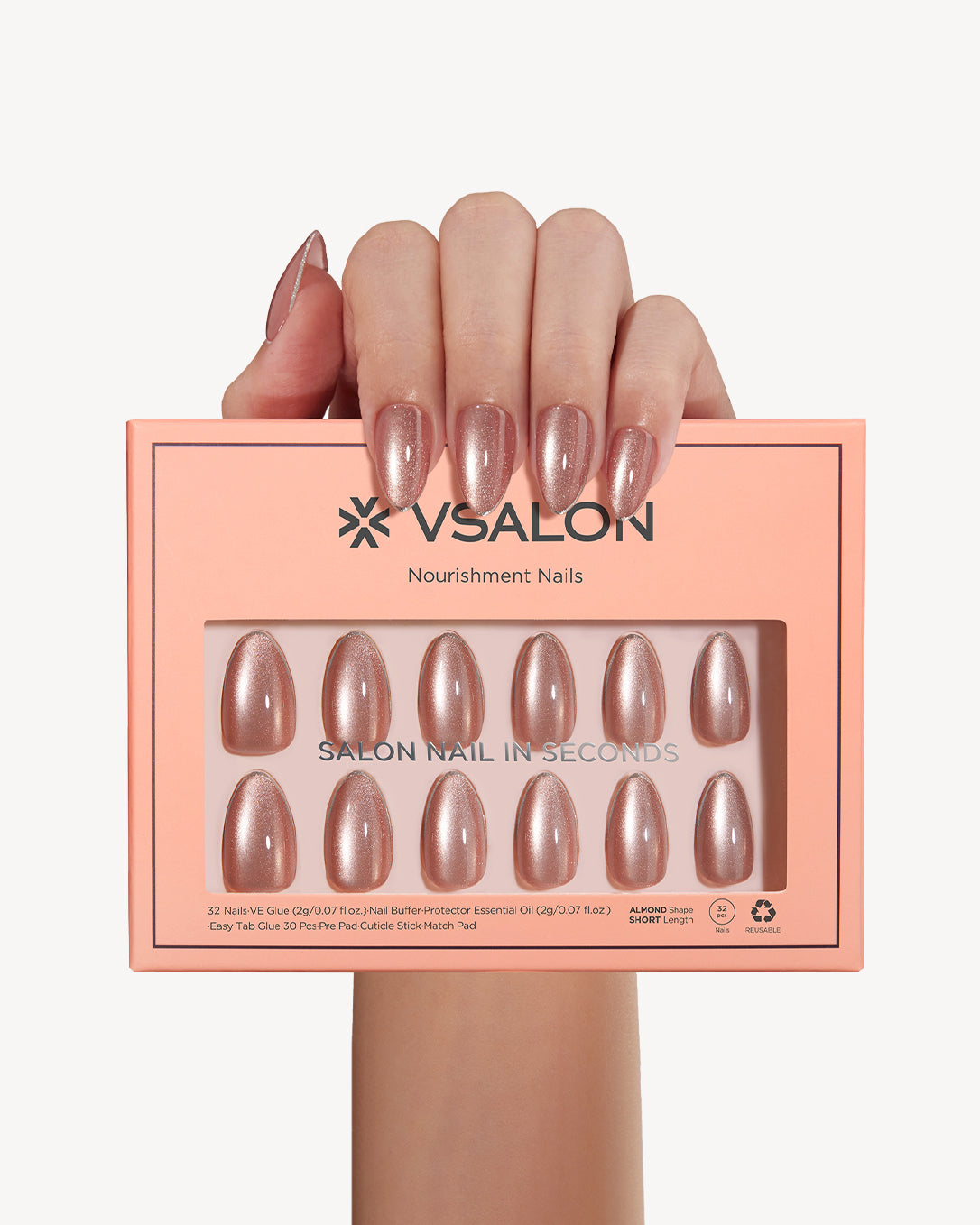 VSALON Champagne Glaze press on nails kit with 32 nail tips and 16 sizes, soft gel manicure set