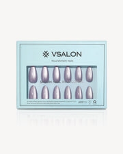 VSALON Lilac Aura press-on nails featuring a delicate lavender base with a soft silver shimmer finish.
