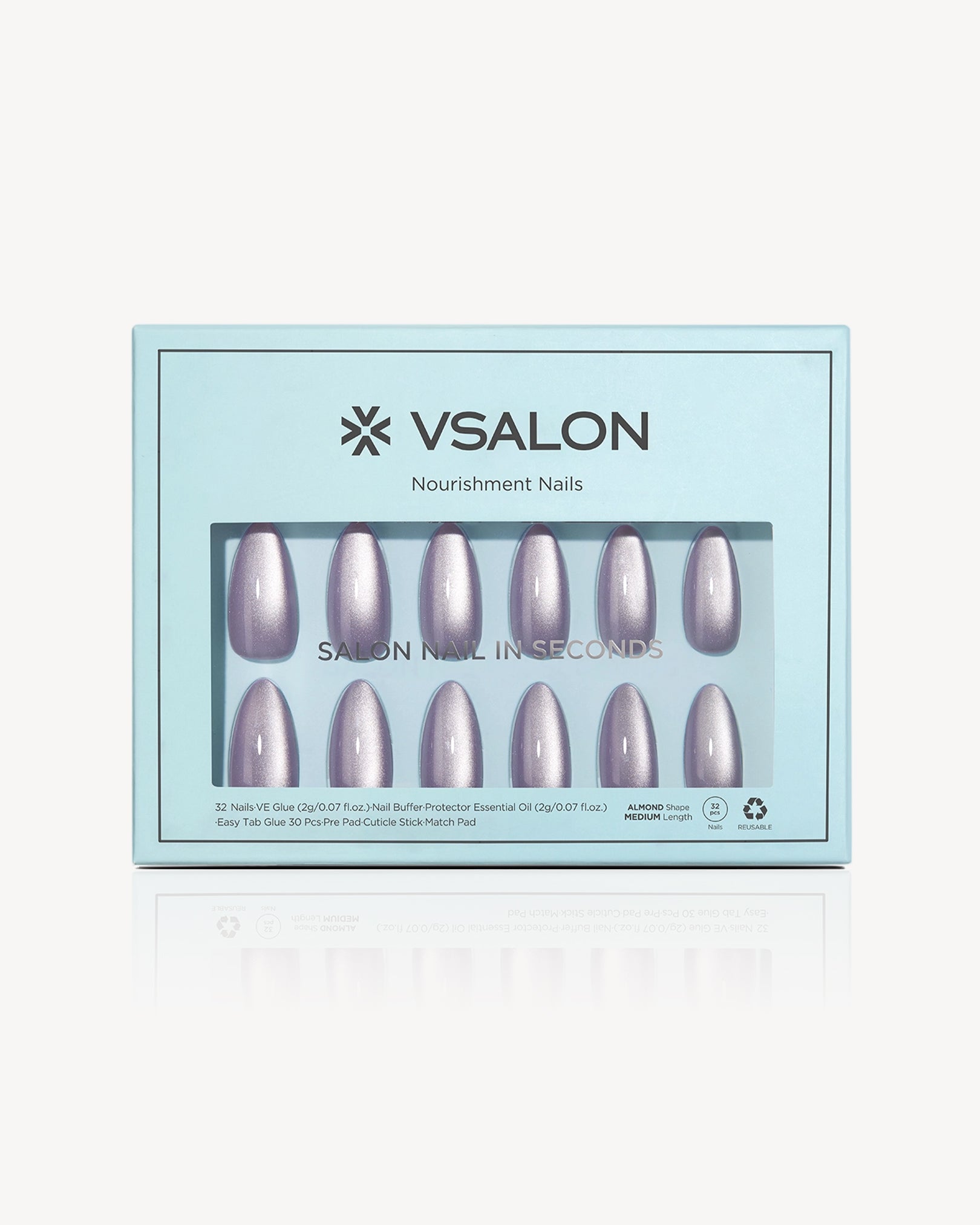 VSALON Lilac Aura press-on nails featuring a delicate lavender base with a soft silver shimmer finish.