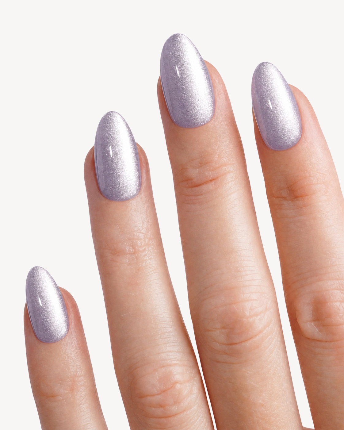 Close-up of VSALON Lilac Aura press-on nails showcasing the elegant lavender color and subtle silver sparkle effect.