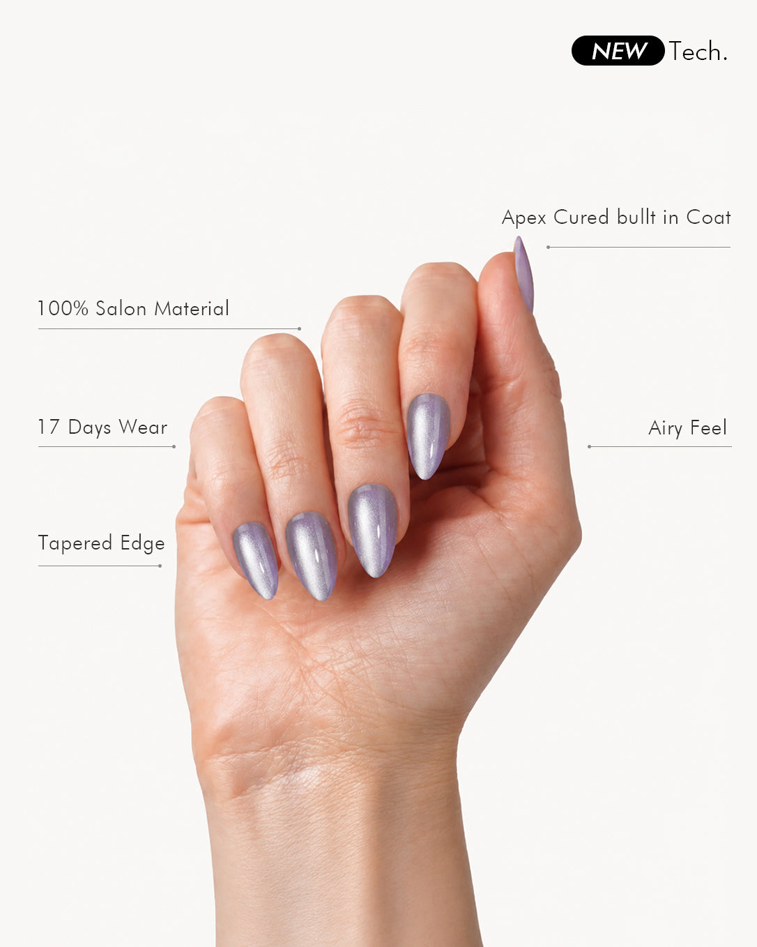 VSALON Lilac Aura press-on nails showing a seamless fit with a glossy gel finish and refined lavender shimmer.