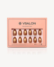 VSALON Truffle Halo press-on nails featuring a deep toffee brown cat-eye design with a golden velvet shimmer finish.