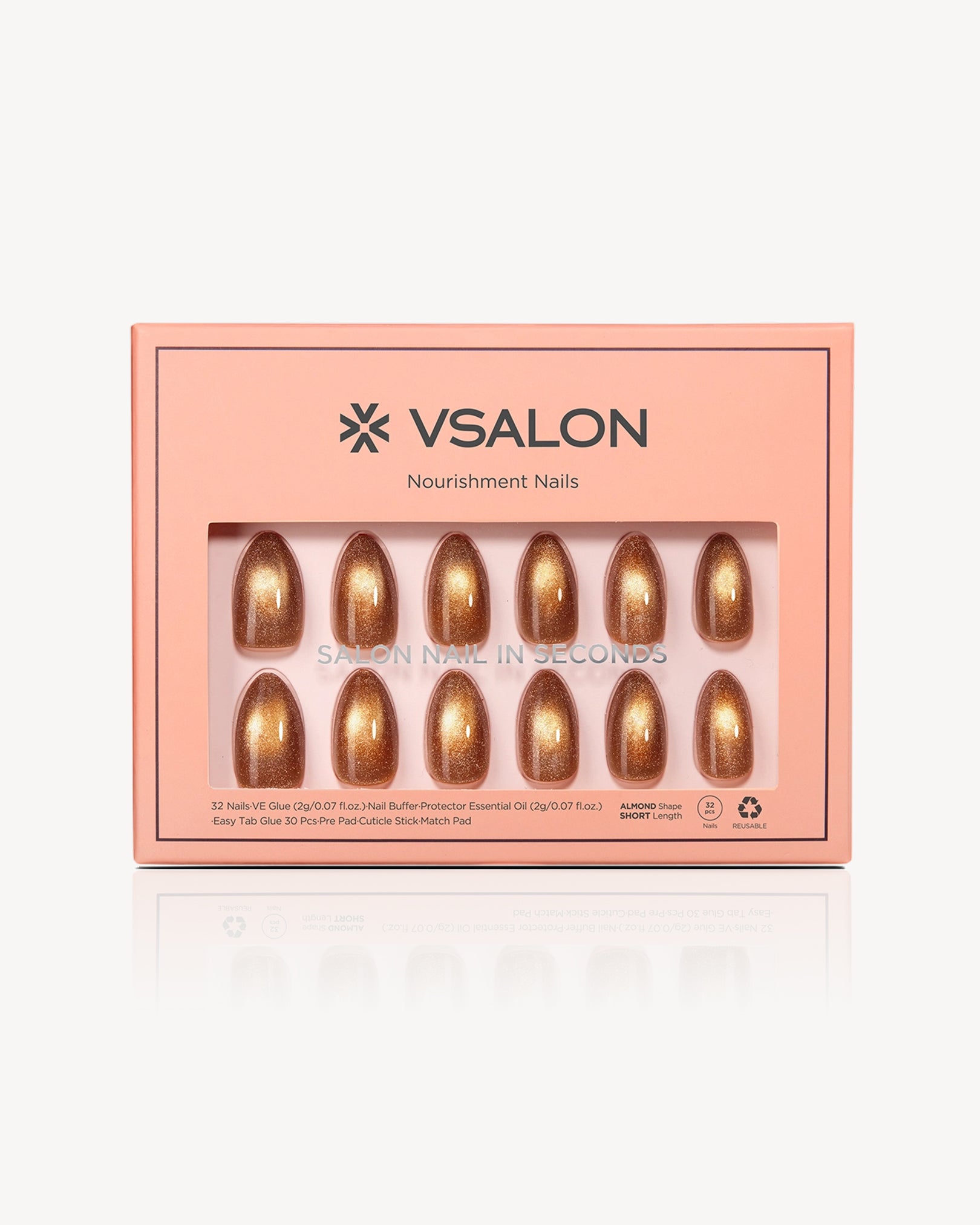 VSALON Truffle Halo press-on nails featuring a deep toffee brown cat-eye design with a golden velvet shimmer finish.