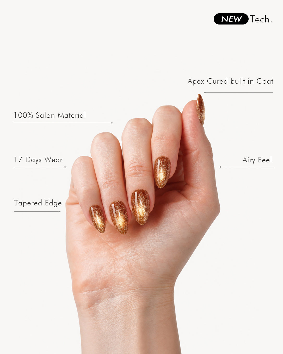 VSALON Truffle Halo almond press-on nails showing a seamless fit with a glossy gel finish and elegant cat-eye shine.
