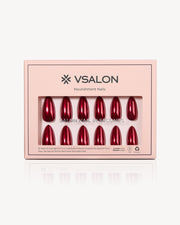 VSALON Bourgogne Glide press-on nail set featuring metallic ruby red almond-shaped nails with a glossy chrome finish.