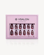 VSALON Smoky Marble press-on nails featuring a smoky brown marble design with milky white veins and a subtle shimmer finish.