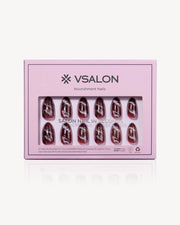 VSALON Smoky Marble press-on nails featuring a smoky brown marble design with milky white veins and a subtle shimmer finish.