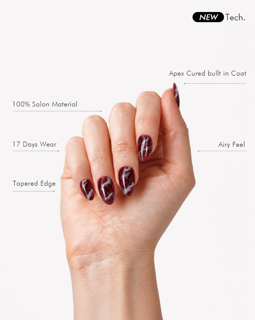 VSALON Smoky Marble press-on nails showing a seamless fit with a glossy gel finish and sophisticated marble nail art.