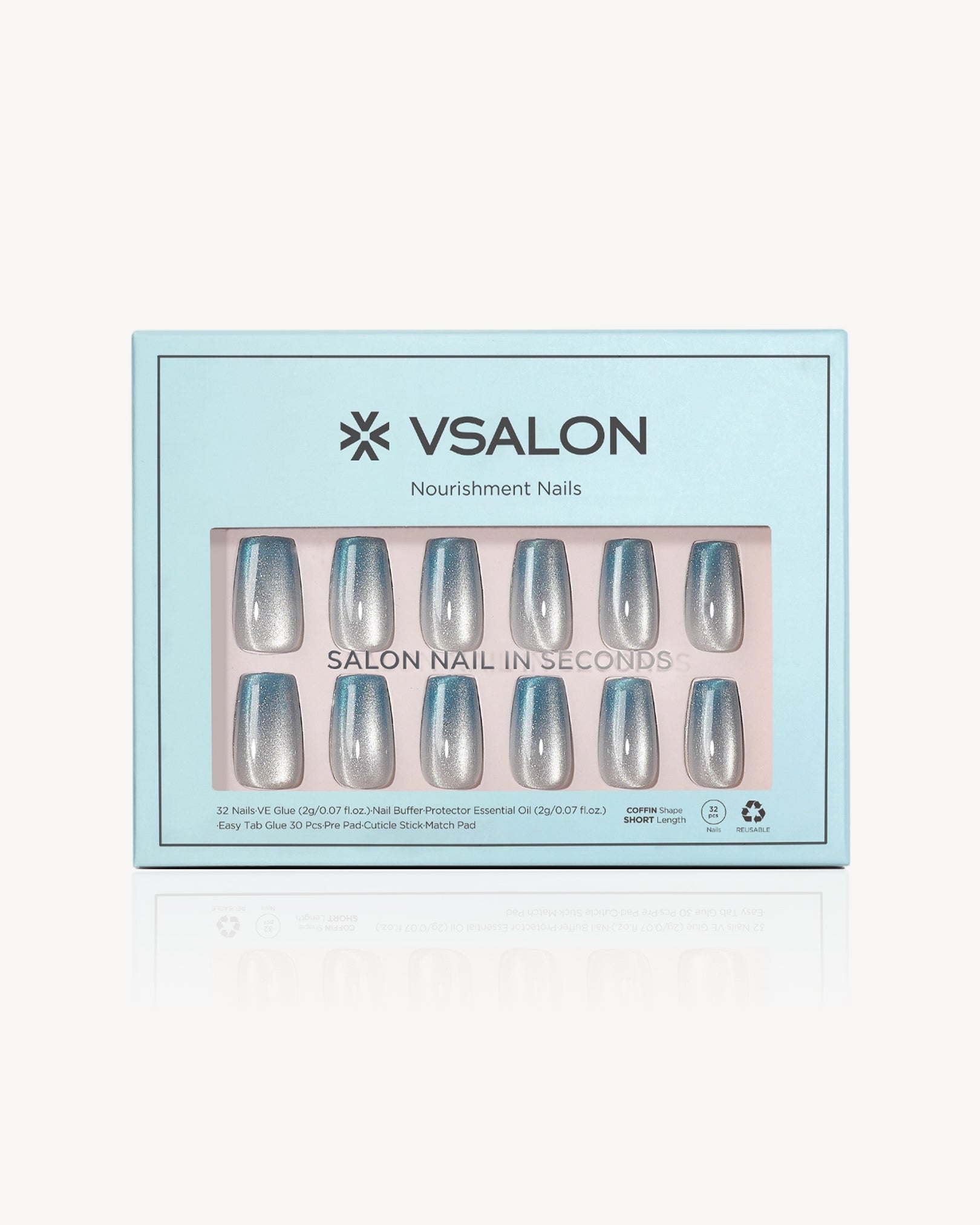VSALON Crystal Tide press-on nails featuring a crystal-inspired cat-eye shimmer finish with a glossy gel shine and elegant ocean-inspired glow.