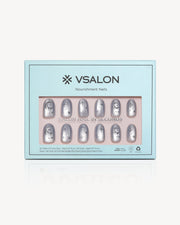 VSALON Moonlight Sonata press-on nails featuring a cool gray-blue cat-eye design with silver 3D star and moon accents.